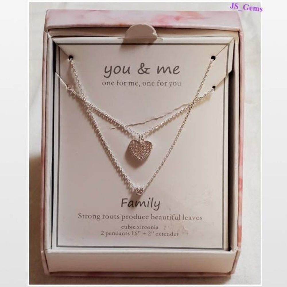2 New Necklace Womens Cubic Zirconia Silver Tone Family Heart Jewelry Set NWT